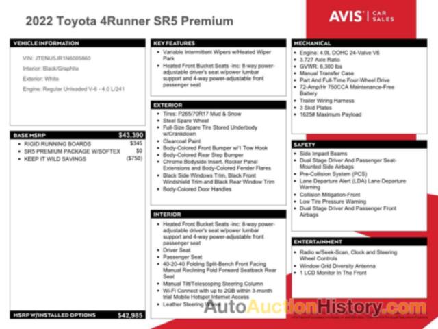 TOYOTA 4RUNNER SR5/SR5 PREMIUM, JTENU5JR1N6005860