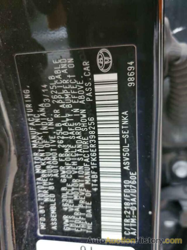 TOYOTA CAMRY L, 4T4BF1FK6ER398256