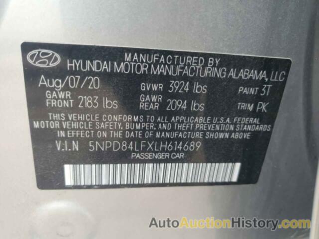 HYUNDAI ELANTRA SEL, 5NPD84LFXLH614689