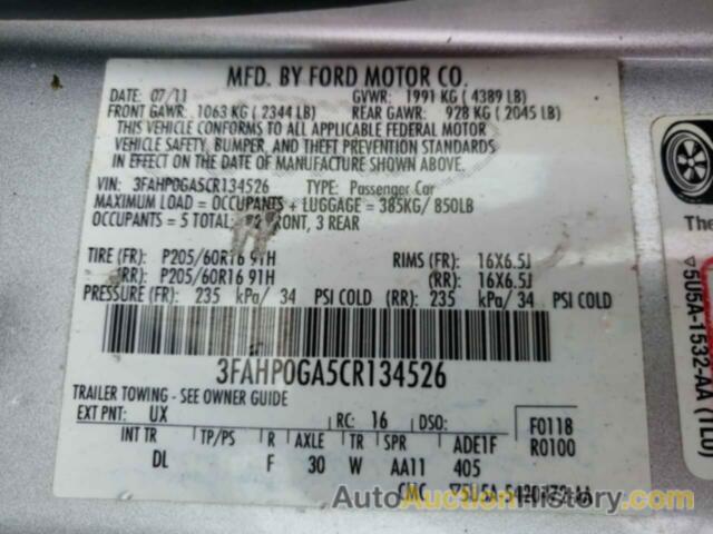 FORD FUSION S, 3FAHP0GA5CR134526