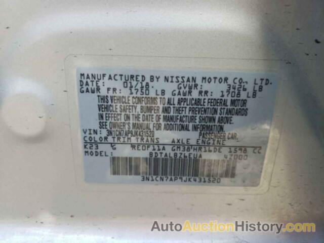 NISSAN VERSA S, 3N1CN7AP9JK431520