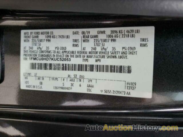 FORD ESCAPE SEL, 1FMCU0HD7KUC52053