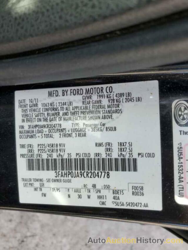 FORD FUSION SEL, 3FAHP0JA9CR204778