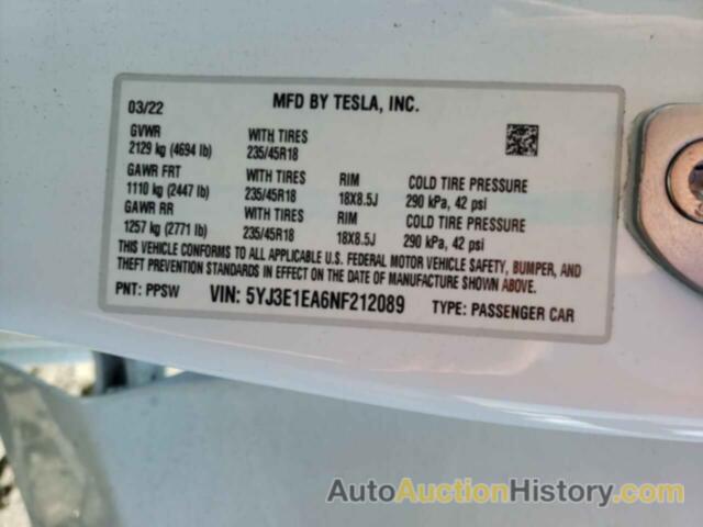 TESLA MODEL 3, 5YJ3E1EA6NF212089