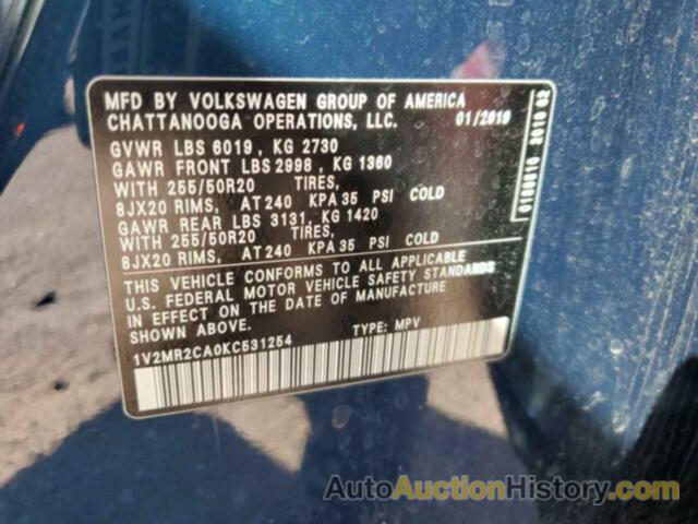 VOLKSWAGEN ATLAS SEL, 1V2MR2CA0KC531254