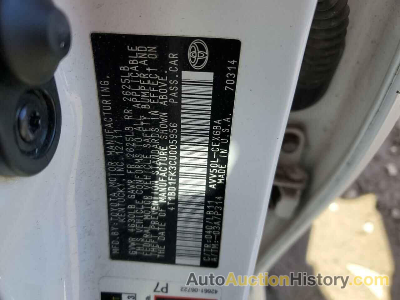 TOYOTA CAMRY HYBRID, 4T1BD1FK3CU005956