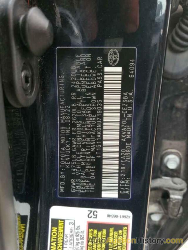 TOYOTA CAMRY SE, 4T1G11AK0NU719035