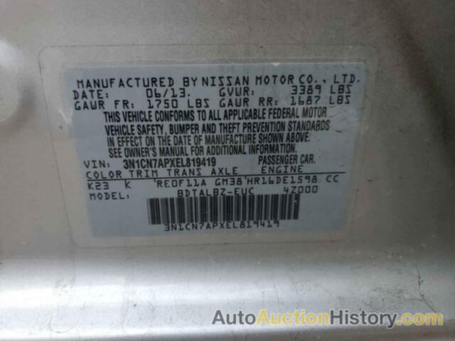 NISSAN VERSA S, 3N1CN7APXEL819419