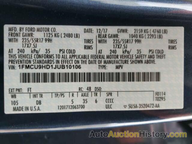 FORD ESCAPE SEL, 1FMCU9HD1JUB10106