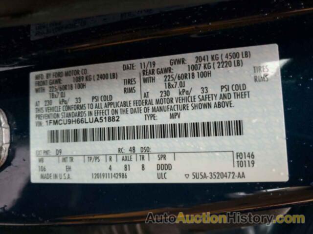 FORD ESCAPE SEL, 1FMCU9H66LUA51882