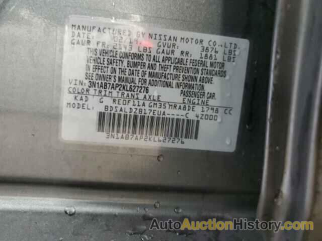 NISSAN SENTRA S, 3N1AB7AP2KL627276