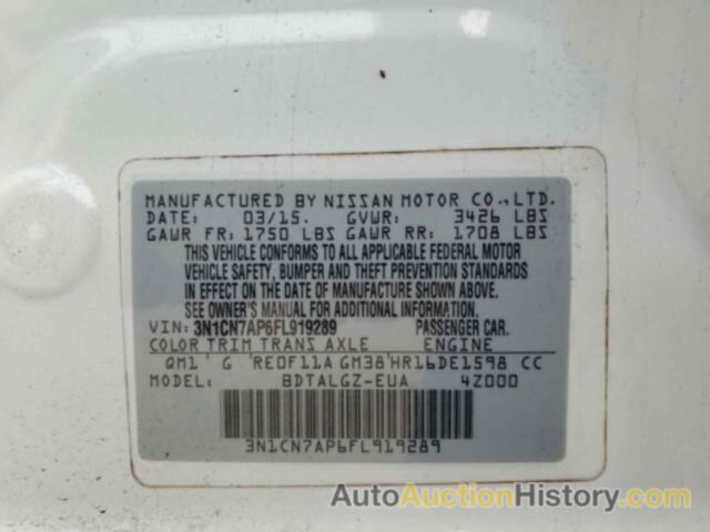 NISSAN VERSA S, 3N1CN7AP6FL919289