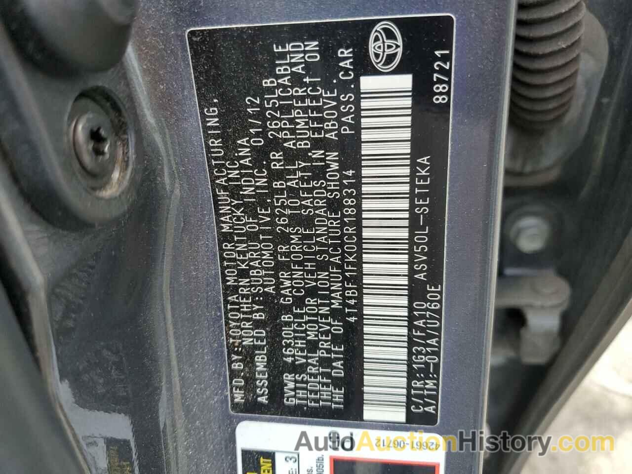 TOYOTA CAMRY BASE, 4T4BF1FK0CR188314