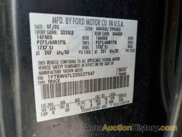 FORD F-150 SUPERCREW, 1FTRW07L22KE27547