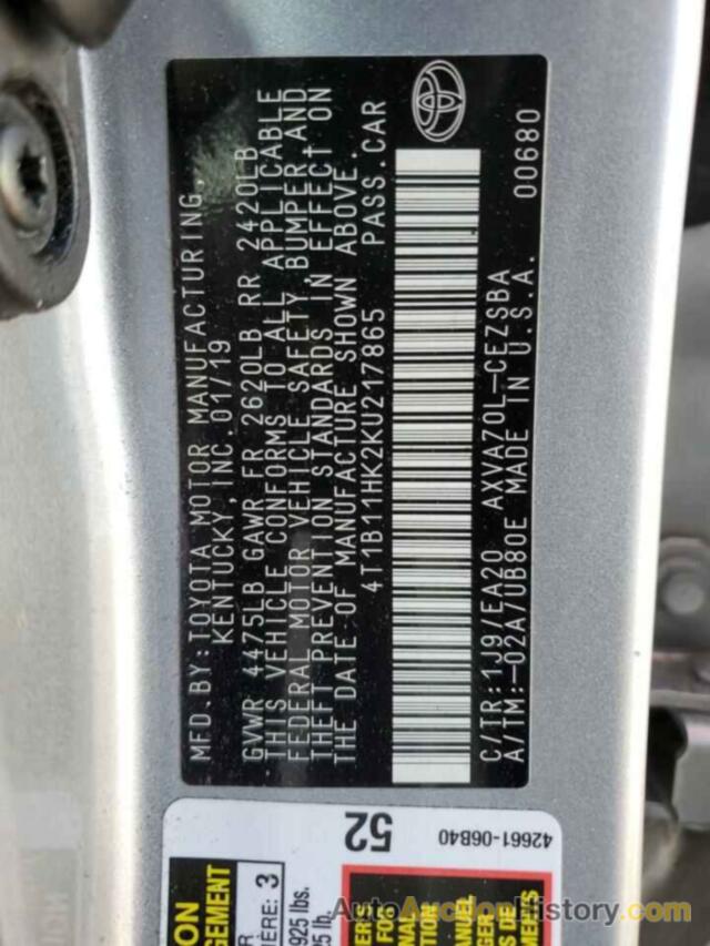 TOYOTA CAMRY L, 4T1B11HK2KU217865