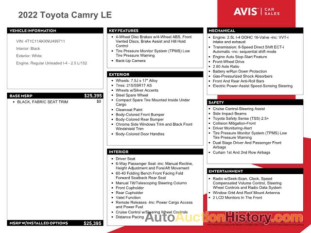TOYOTA CAMRY LE, 4T1C11AKXNU499711