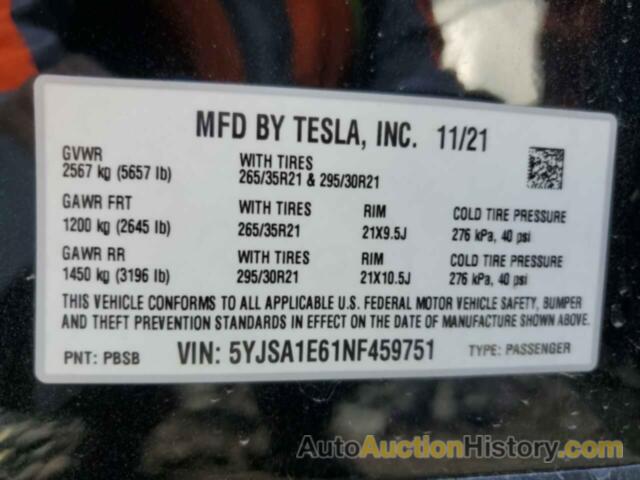 TESLA MODEL S, 5YJSA1E61NF459751