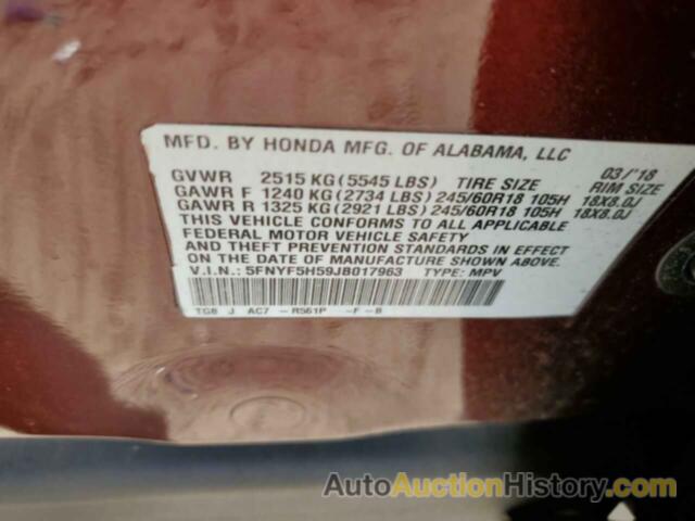 HONDA PILOT EXL, 5FNYF5H59JB017963