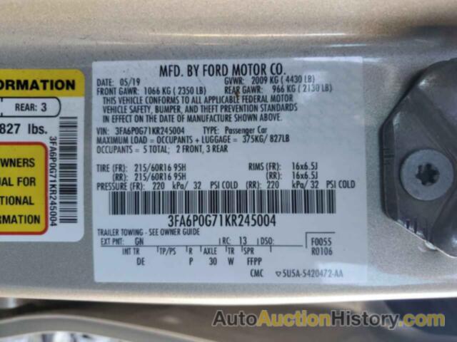 FORD FUSION S, 3FA6P0G71KR245004