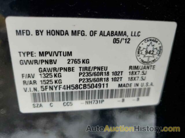 HONDA PILOT EXL, 5FNYF4H58CB504911