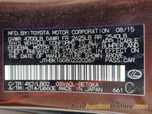 LEXUS ES350 350, JTHBK1GG8G2220267