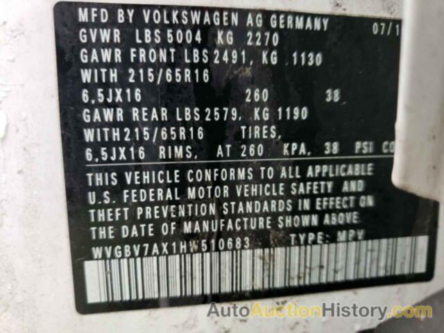 VOLKSWAGEN TIGUAN S, WVGBV7AX1HW510683