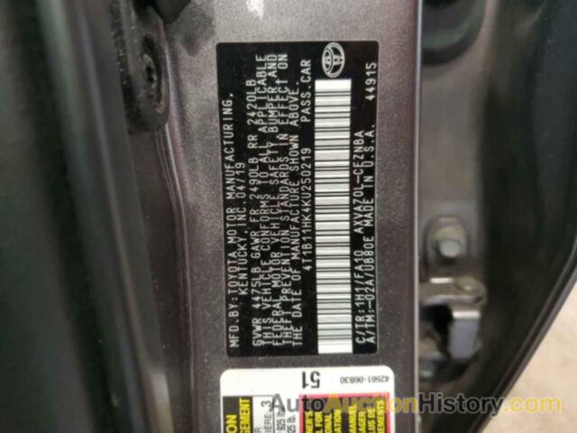 TOYOTA CAMRY L, 4T1B11HK4KU250219