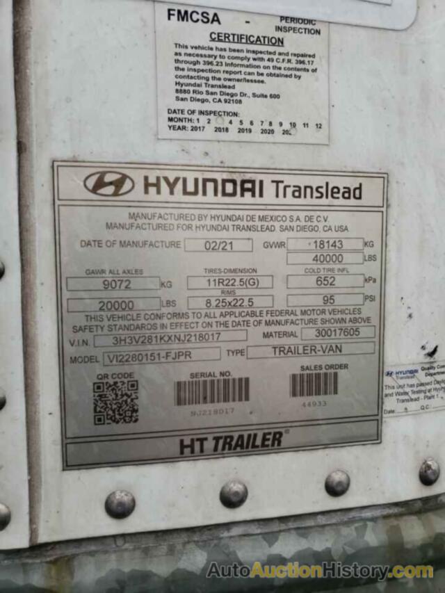 HYUNDAI 53FT TRALR, 3H3V281KXNJ218017