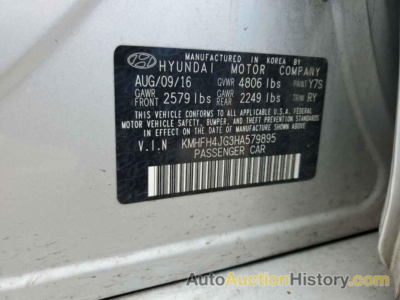 HYUNDAI AZERA LIMITED, KMHFH4JG3HA579895