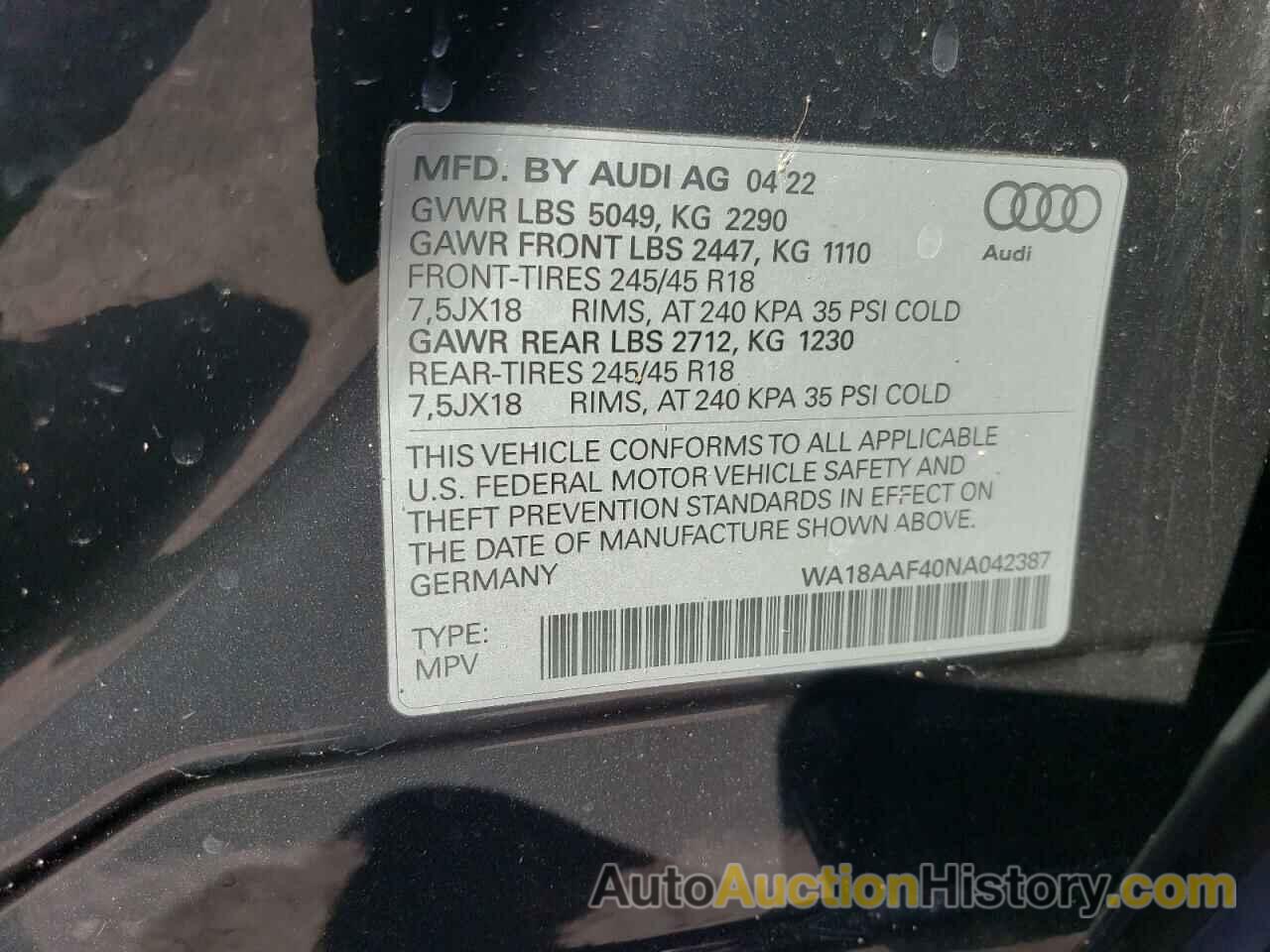 AUDI A4 PREMIUM PLUS, WA18AAF40NA042387