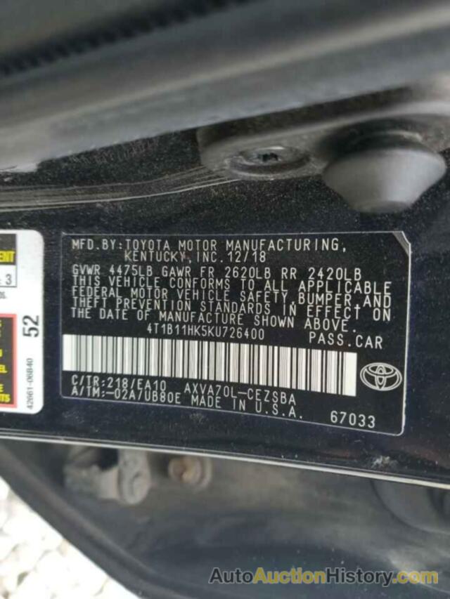 TOYOTA CAMRY L, 4T1B11HK5KU726400