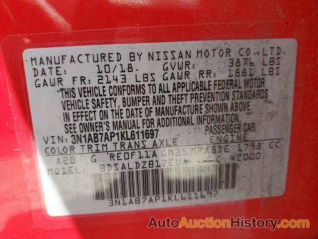 NISSAN SENTRA S, 3N1AB7AP1KL611697