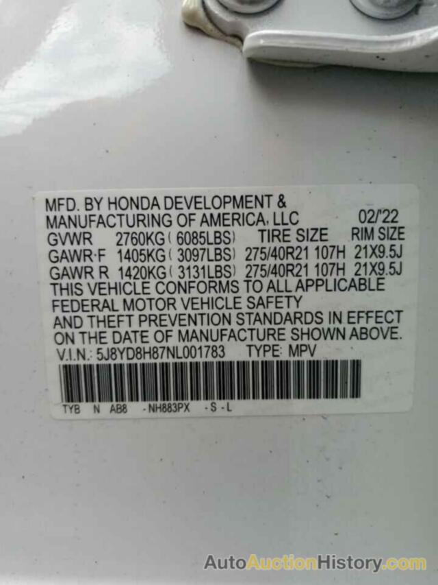 ACURA MDX TYPE S TYPE S ADVANCE, 5J8YD8H87NL001783