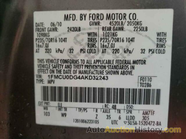 FORD ESCAPE XLT, 1FMCU0DG4AKD32243