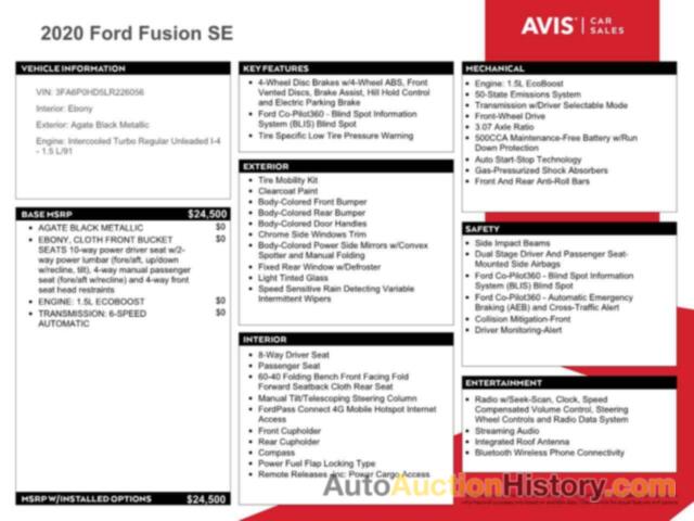 FORD FUSION SE, 3FA6P0HD5LR226056