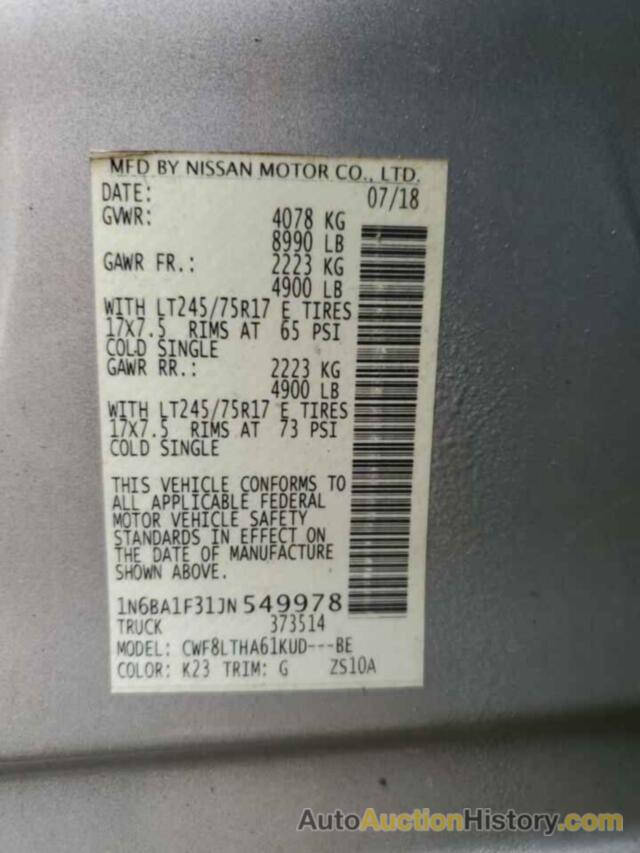 NISSAN TITAN S, 1N6BA1F31JN549978