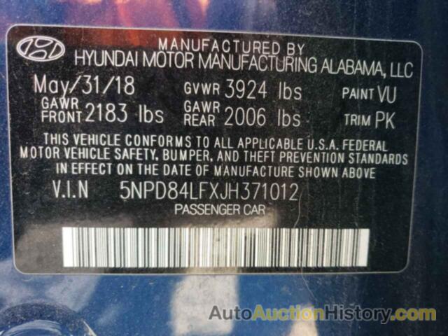 HYUNDAI ELANTRA SEL, 5NPD84LFXJH371012