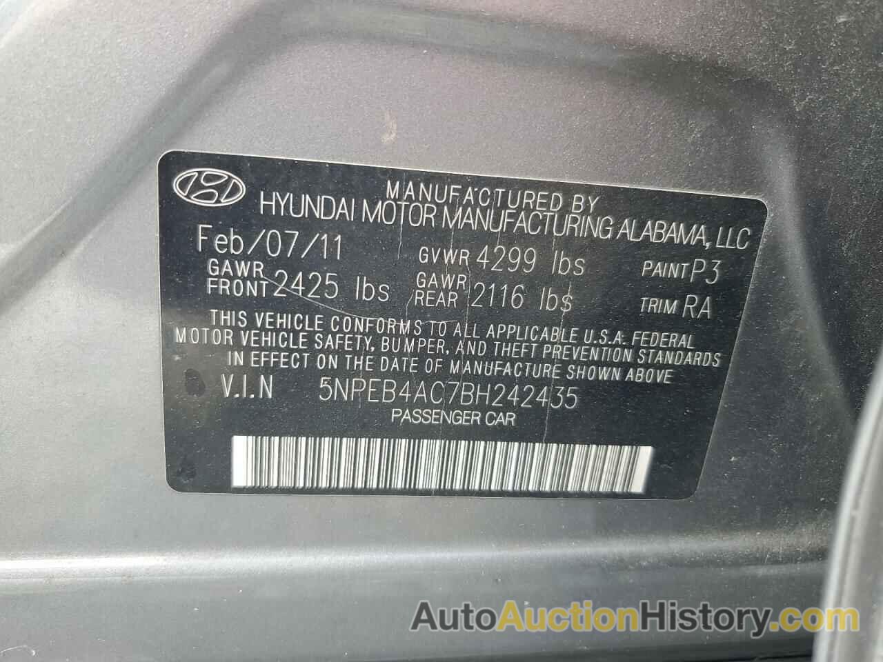 HYUNDAI SONATA GLS, 5NPEB4AC7BH242435