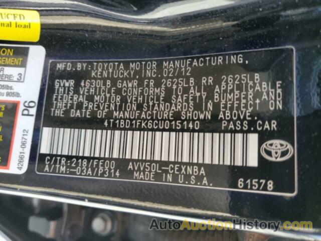 TOYOTA CAMRY HYBRID, 4T1BD1FK6CU015140