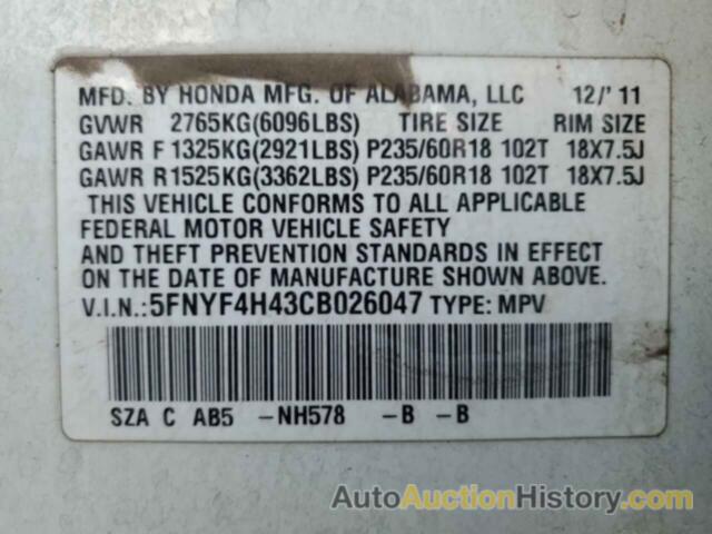 HONDA PILOT EX, 5FNYF4H43CB026047