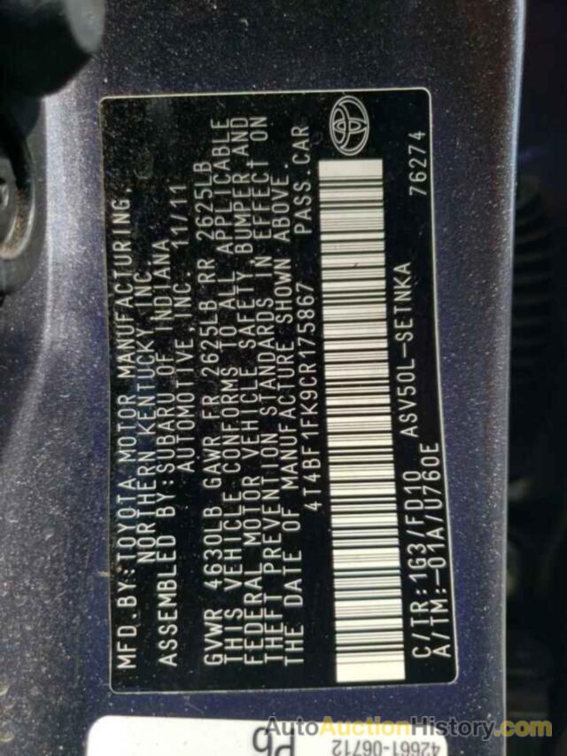 TOYOTA CAMRY BASE, 4T4BF1FK9CR175867
