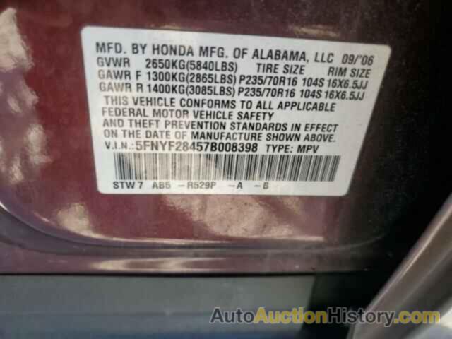 HONDA PILOT EX, 5FNYF28457B008398