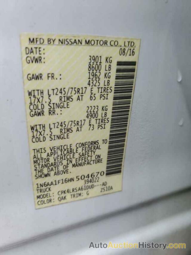 NISSAN TITAN S, 1N6AA1F16HN504670