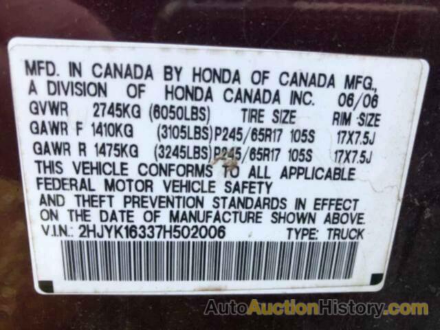 HONDA RIDGELINE RTX, 2HJYK16337H502006