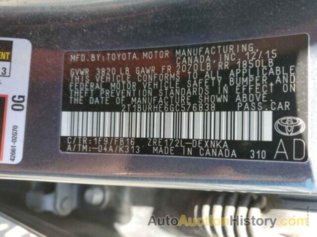 TOYOTA COROLLA L, 2T1BURHE6GC576838