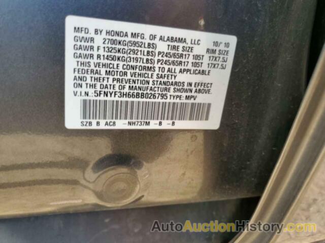 HONDA PILOT EXL, 5FNYF3H66BB026795