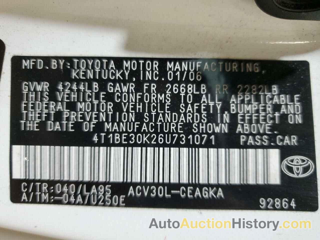 TOYOTA CAMRY LE, 4T1BE30K26U731071