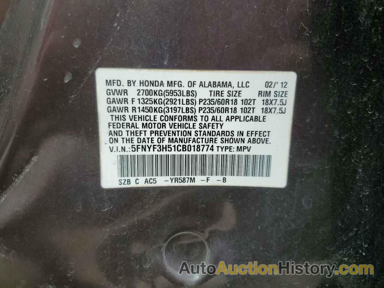 HONDA PILOT EXL, 5FNYF3H51CB018774