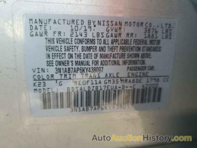 NISSAN SENTRA S, 3N1AB7AP6KY438097