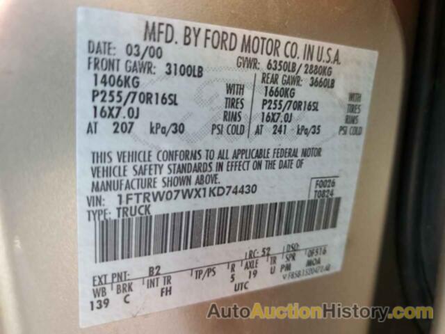 FORD F-150 SUPERCREW, 1FTRW07WX1KD74430